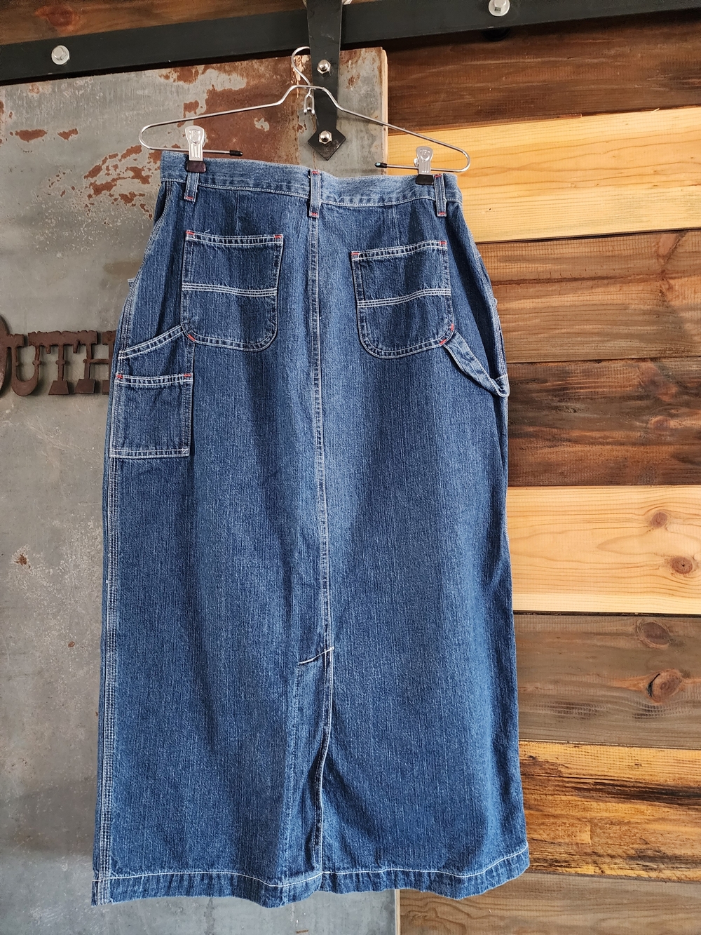 Dark Blue Denim Carpenters Midi Skirt with Utility Pockets.